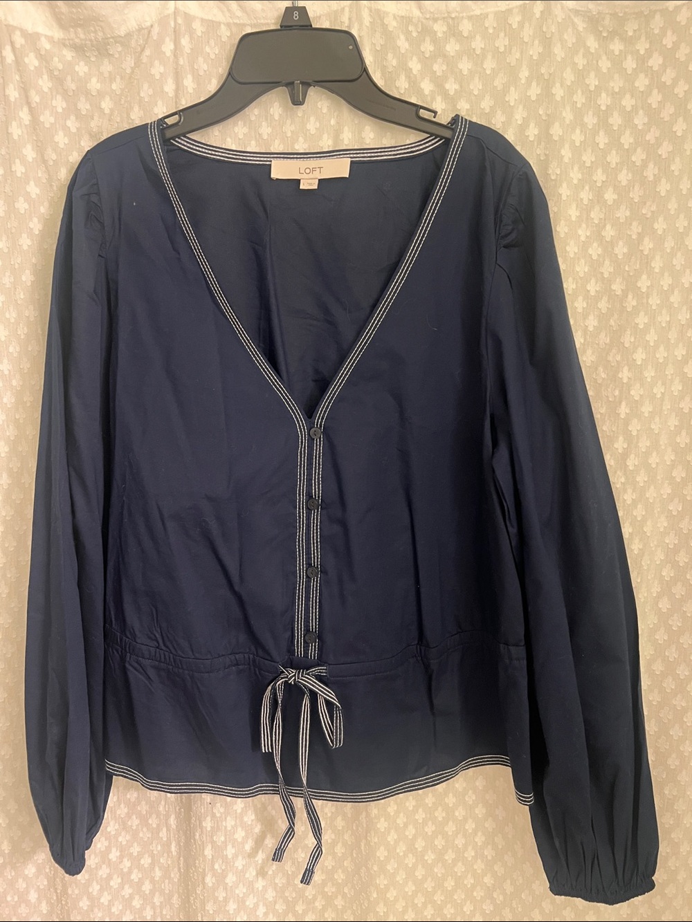 LOFT Navy Button Drawstring Waist Blouse